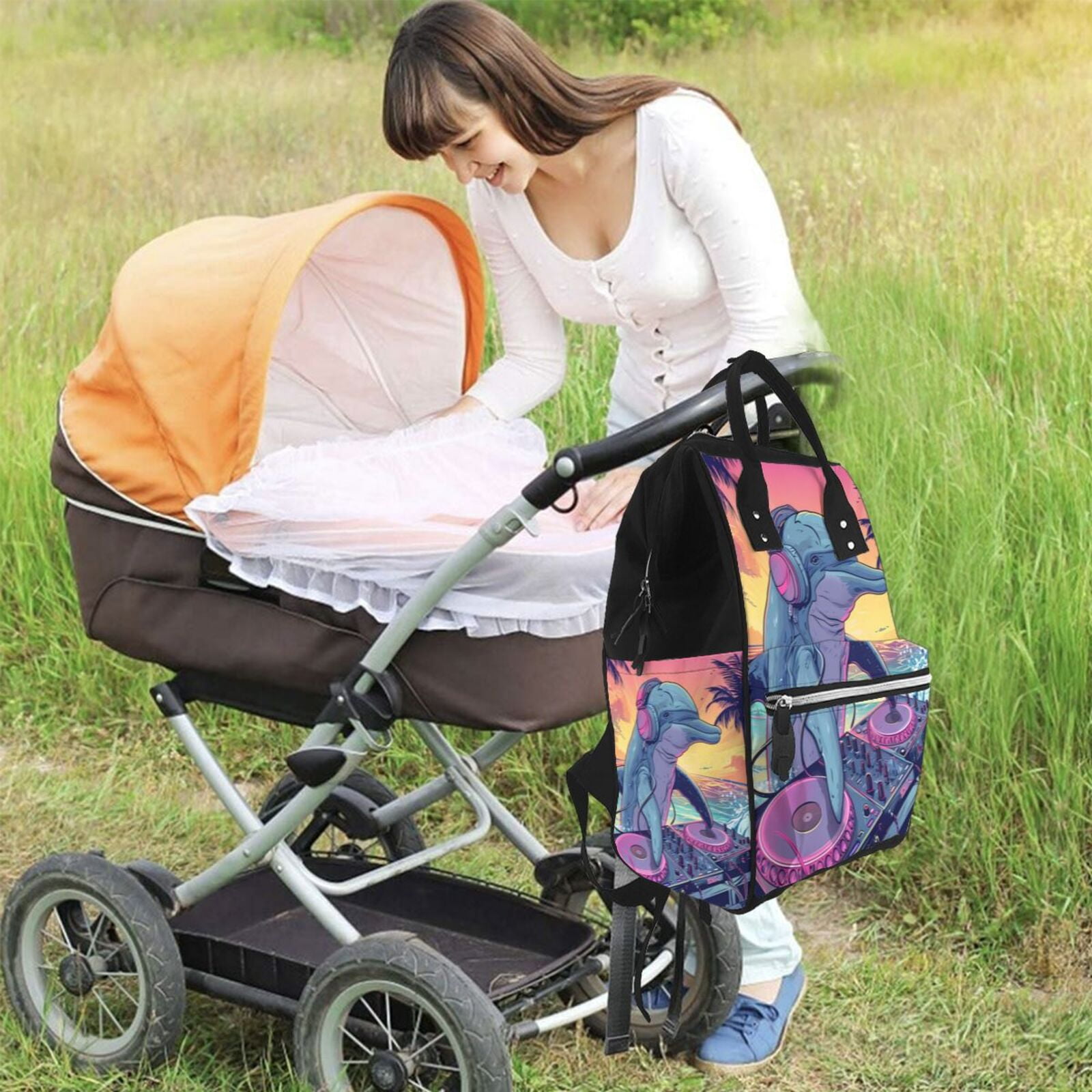 Fuzoiu Hip-Hop DJ Dolphin Print Diaper Bag Backpack,Baby Essentials Travel Tote,Multi function Waterproof Diaper Bag, Travel Essentials Baby Bag - Unisex