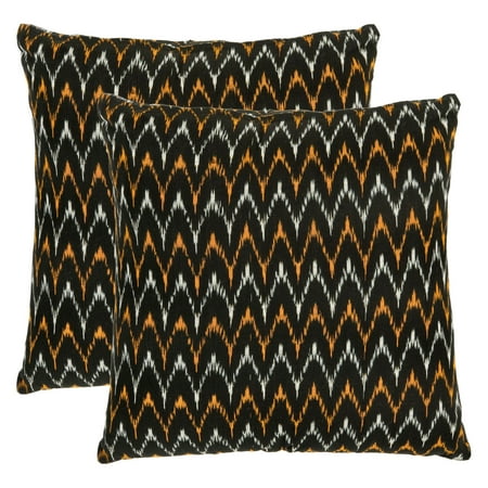 Safavieh Deco Black/Gold Decorative Pillows - Set of 2 Introduce the Safavieh Deco Black/ Gold Decorative Pillows - Set of 2 - 18 in. to your living space and discover an aesthetic transformation. Covered in a unique zig-zag pattern  both pillows feature hues of black  gold and orange  which complement most décor themes. As they re made of hand-woven  100-percent cotton  these pillows are soft as well. A polyester filling makes each pillow hypoallergenic. You can use them as decorative pillows on a couch or chair  or even as throw pillows on your bed.