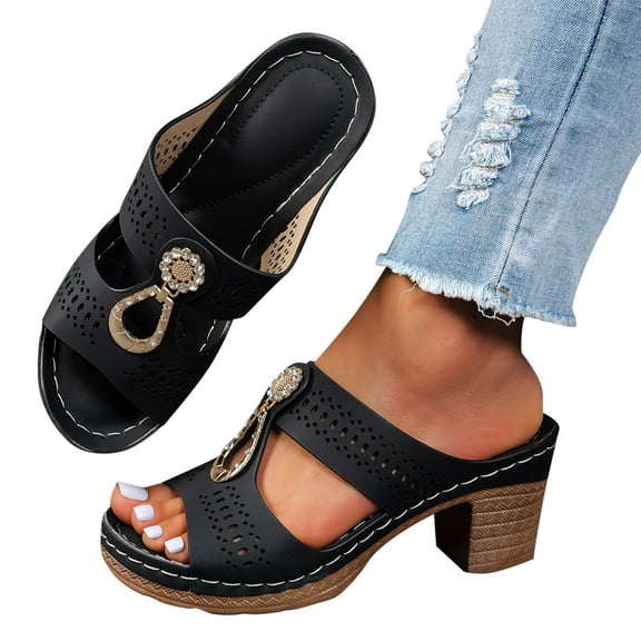 THDHVS Wedge Sandals for Women,Womens Sandals,Fashion Casual Mid Heel Beach Fish Mouth Open Toe Thick Bottom Wedge Slippers Black 5.5