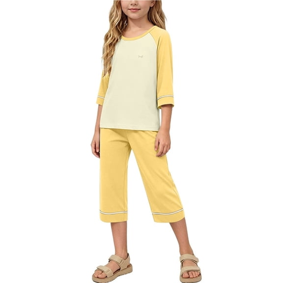 JOANKDMI Two Piece Pj Sets Big Girls Comfy Short Sleeve Sleepwear Soft Lounge Sets Outfits Casual Summer Loungewear with Capri Pants Elastic Waist Sleep Clothes for Kids Teens
