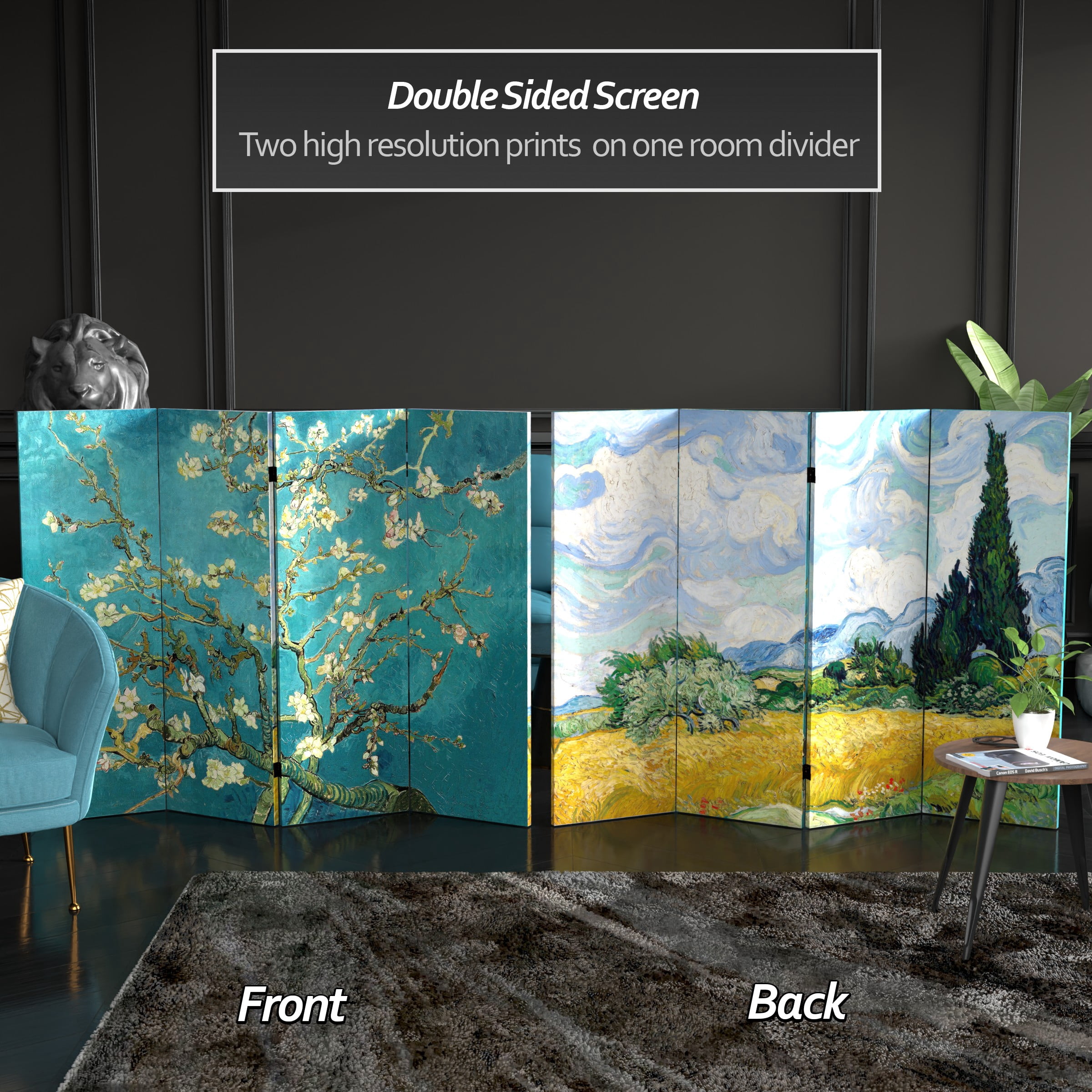 Red Lantern 4 ft. Short Van Gogh Canvas Folding Screen - Almond Blossoms/Wheat Field