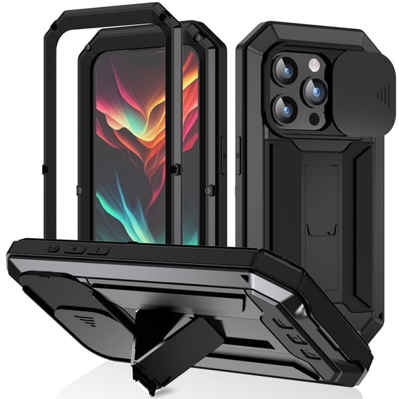 Dteck Heavy Duty Case for iPhone 15 Pro Max, Shockproof Armor Metal Case, Full Body Protective Rugged Thick Dustproof Strong Kickstand Case, Black