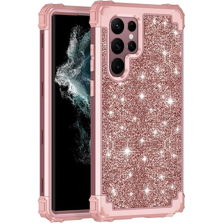 Casetego for Samsung Galaxy S22 Ultra 5G Case,Glitter Bling Shockproof Heavy Duty High Impact Protective Cover ,Shiny Rose Gold