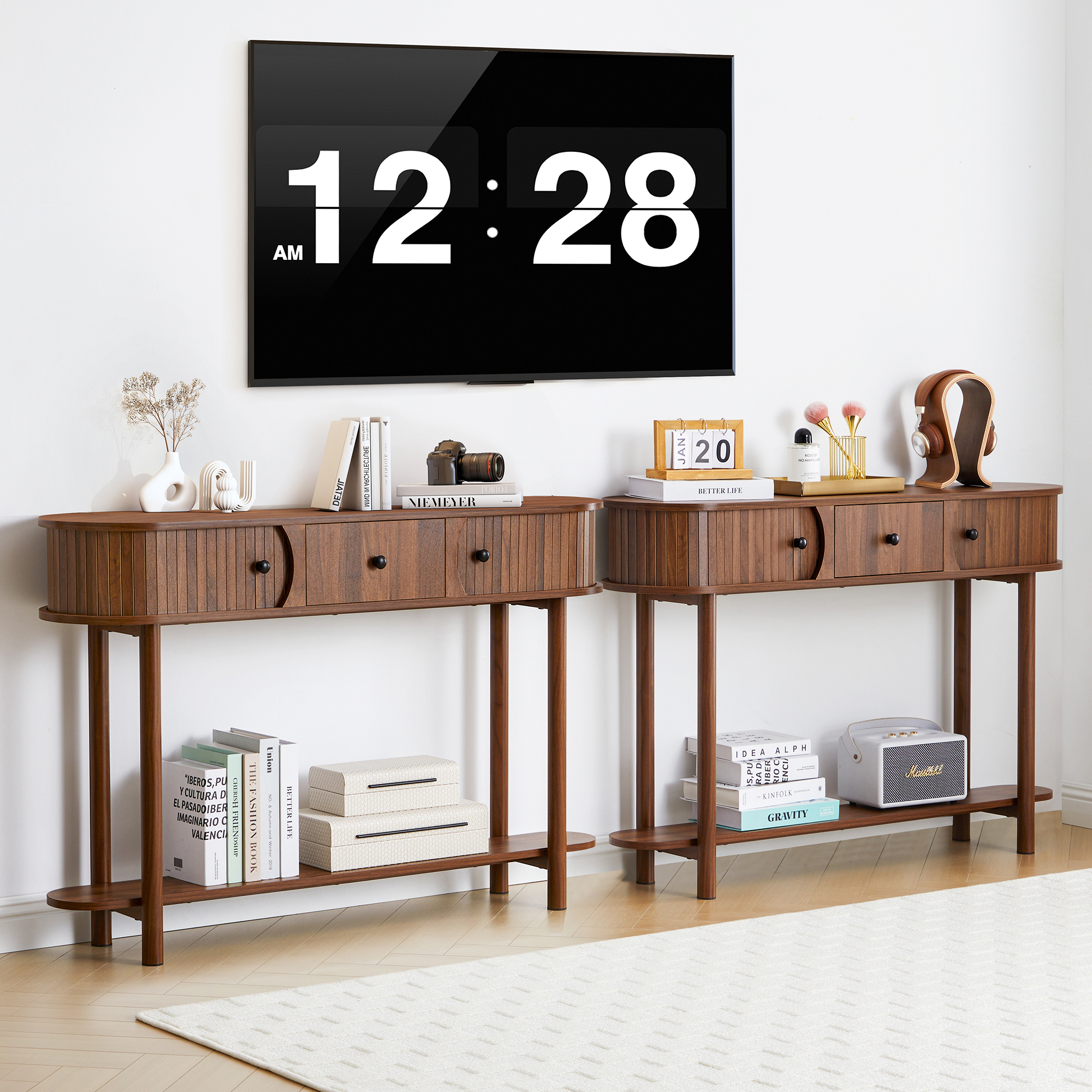 LEFHDA 47.2" Fluted Console Table with Drawers & Tambour Door, Narrow Entryway Sofa Table with Storage for Hallway, Living Room Behind Couch - Rustic Brown