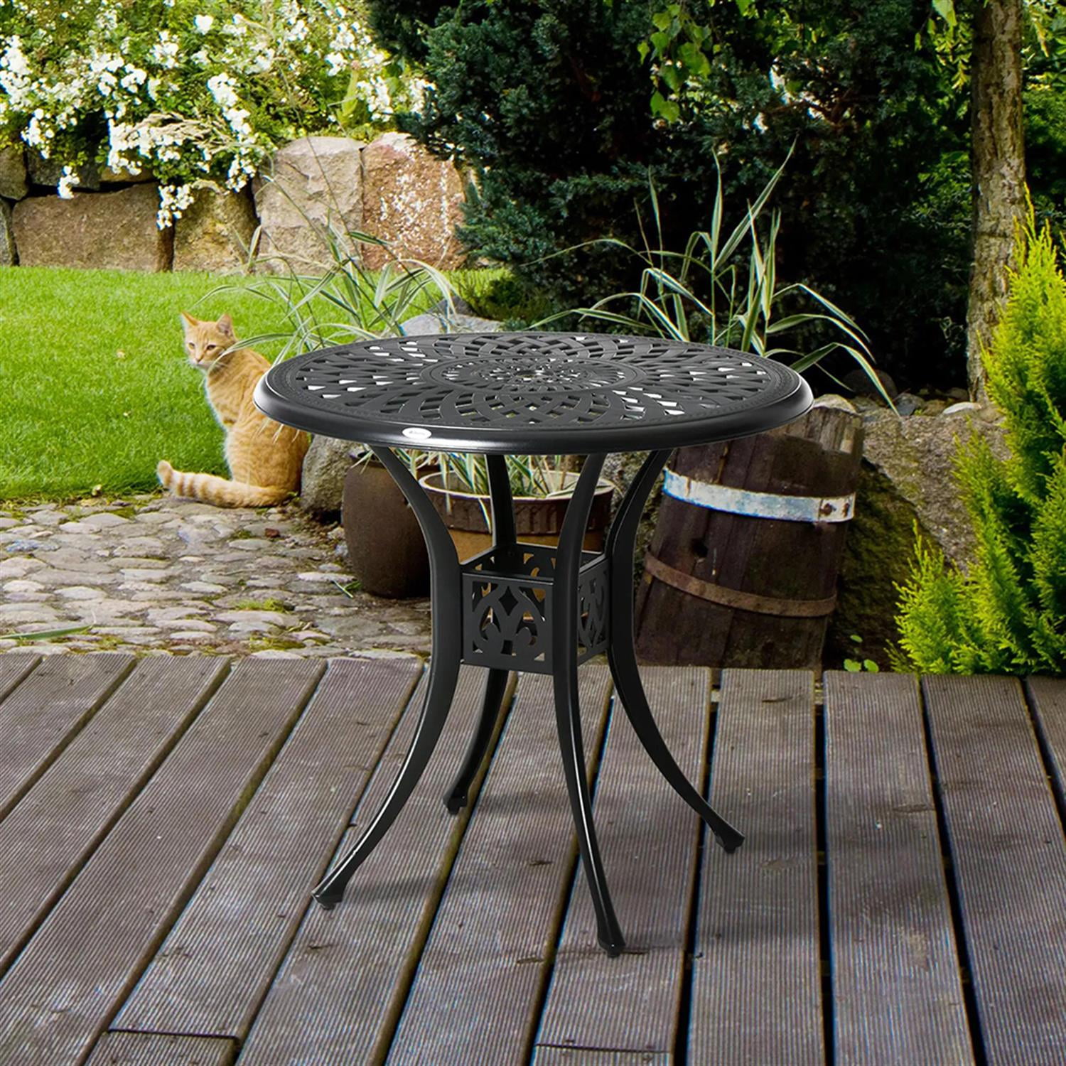 Demi Bonn 30" Outdoor Bistro Tables with Umbrella Hole, Antique Cast Aluminum Round Tempered Glass Metal Table for Backyard, Lawn, Balcony, Porch, Black