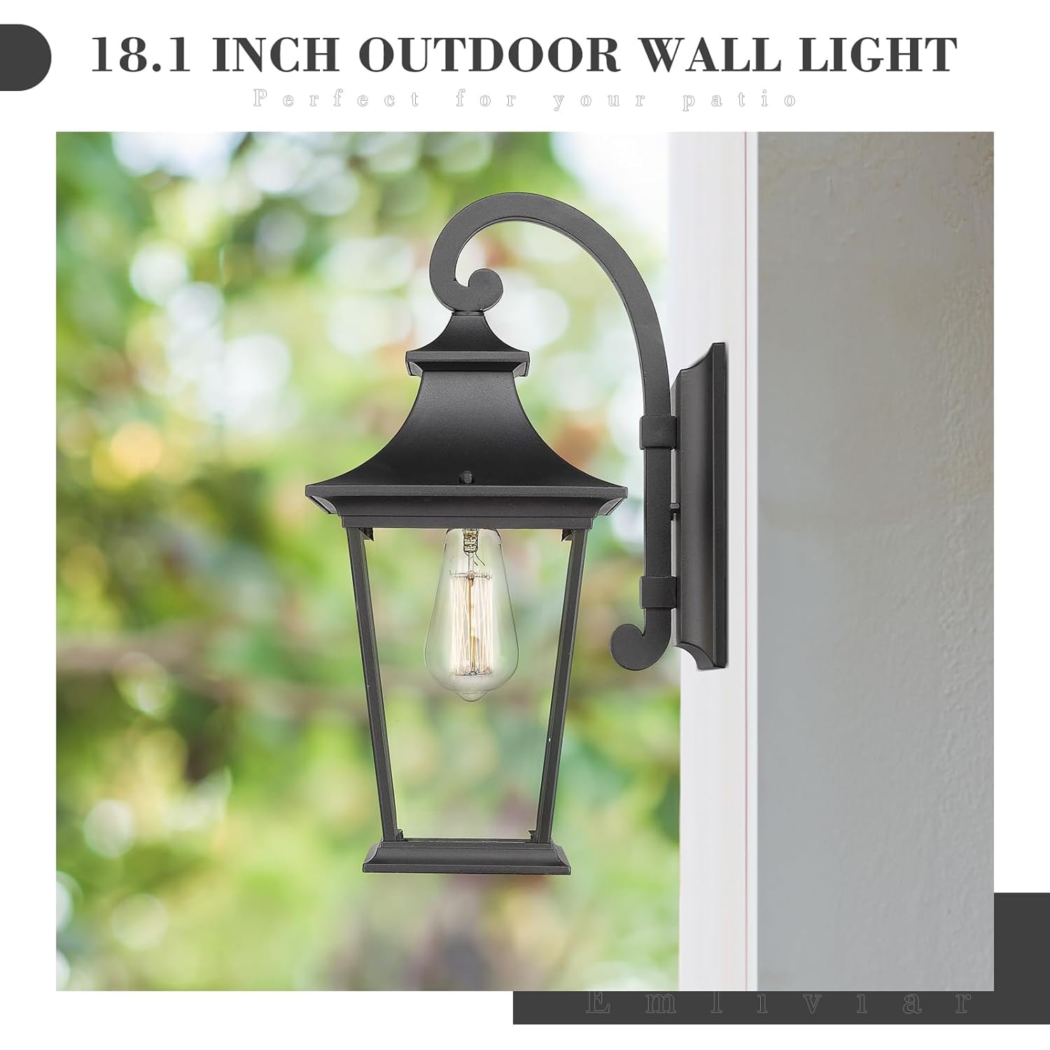 Emliviar Outdoor Wall Lantern, 18" Exterior Wall Mount Light with Clear Glass in Black Finish, 500181