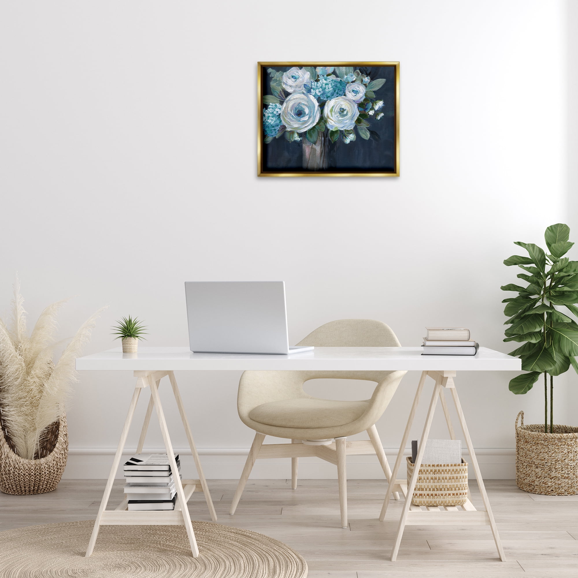 Stupell Industries Blue Mixed Bouquet Plants & Flowers Painting Gold Floater Framed Canvas Art Print Wall Art, 21 x 17