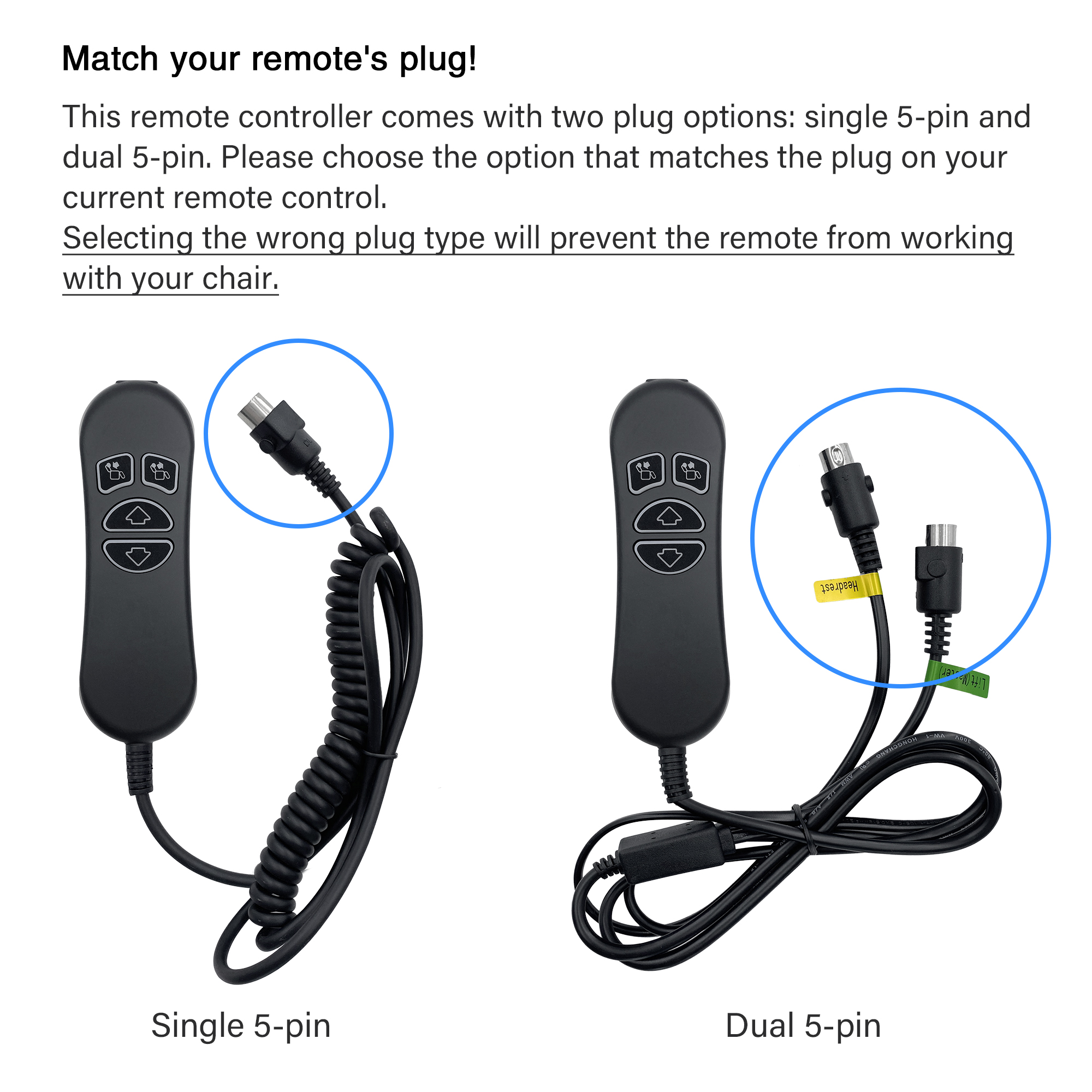 4 Button Dual 5 Pin Lift Chair Remote Replaces HSW304 Controller Hand Control Replacement for Power Recliner