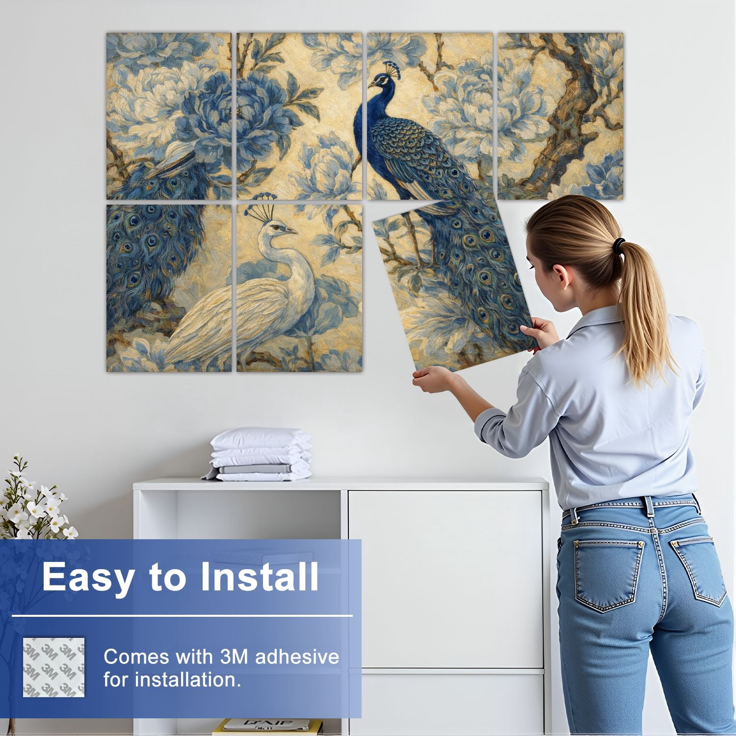 Rustic Farmhouse 8 Pack Art Acoustic Panels Sound Absorbing Seamless chinoiserie peacock birds peonies blue color Decorative Soundproof Wall Panels Self Adhesive for Nursery Game Room Bedroom 48"x32"