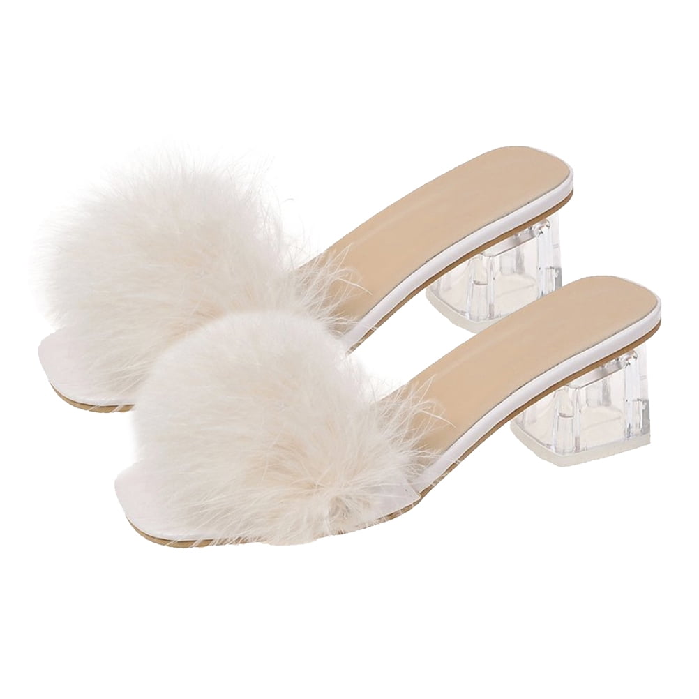 White Stiletto High Heel Sandals Gold Chain Fluffy Fur Shoes