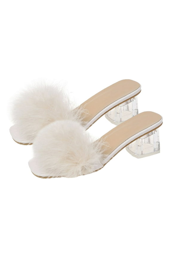 1 Pair Women Fluffy Heels Slippers Summer Fashion Outside Sandal Shoes