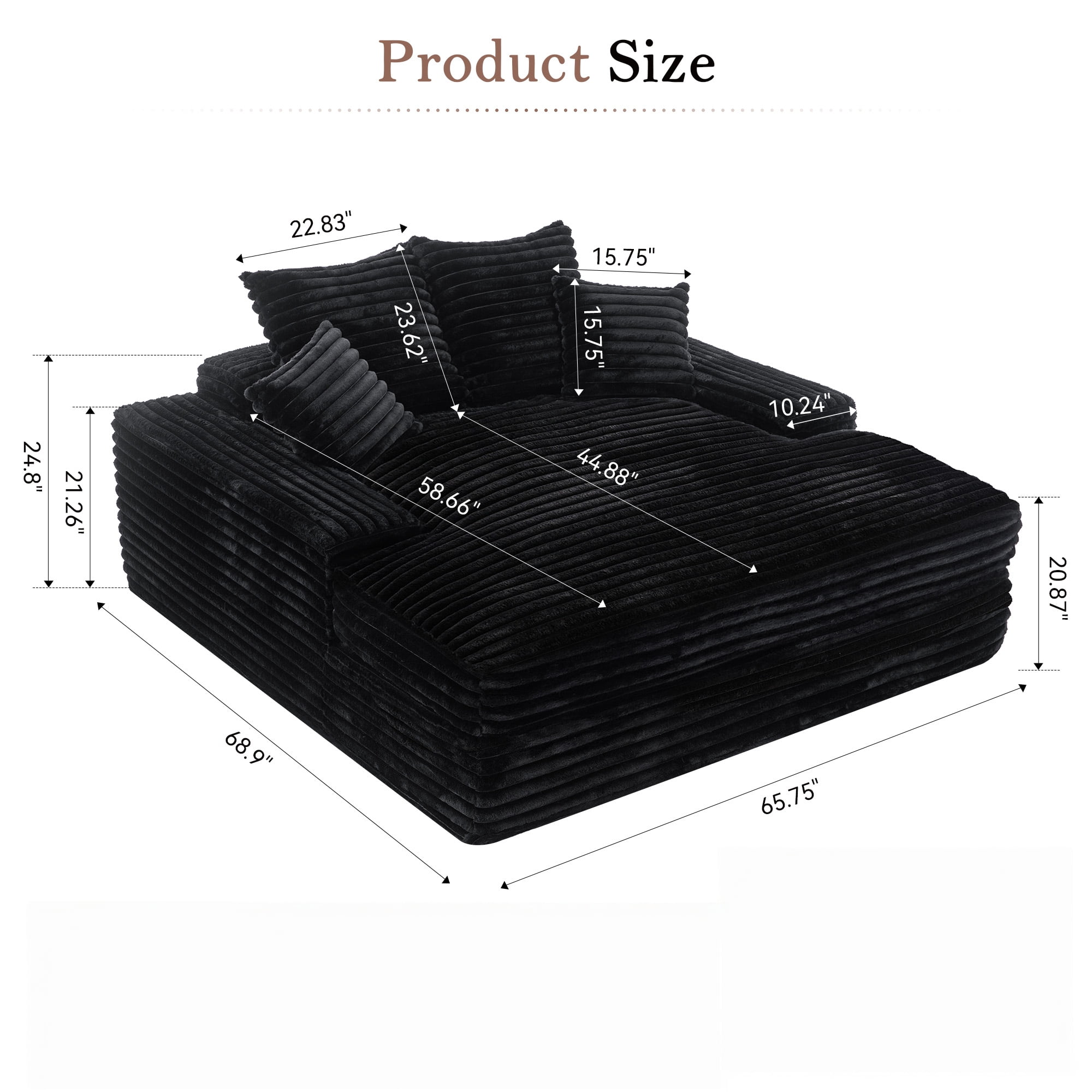 Modern Corduroy Oversized Chaise Lounge Chair, 66"Double Daybed Sofa Sleeper with 4 Pillows, No Assembly Cloud Couch for Living Room, Black