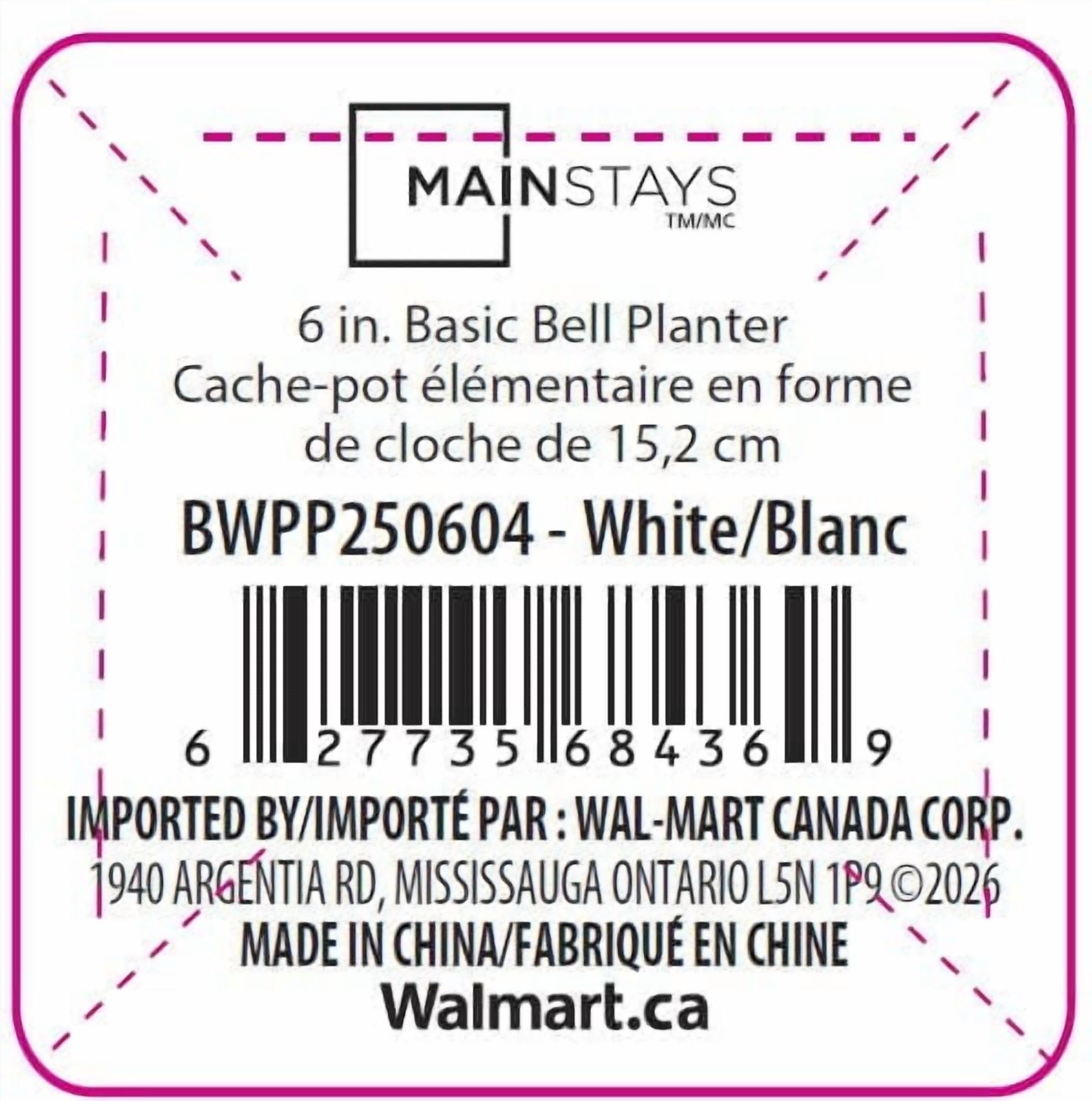 Mainstays Basic bell planter 12 inch White, Classic Design with Attached Tray Durable Weather Resistant, 12" white bottom tray. Durable, lightweight, and weather-resistant.