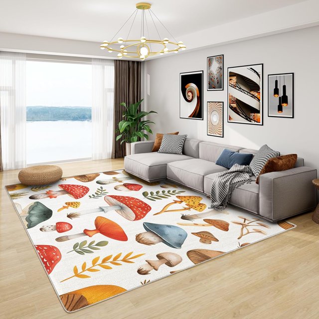 Mushroom Rugs for Bedroom - 5x7 Rug - Mushroom Rug - Cute Cartoon Botanical Area Rug - Kids Wild Fungus Rugs - Leaf Nature Plant Carpet