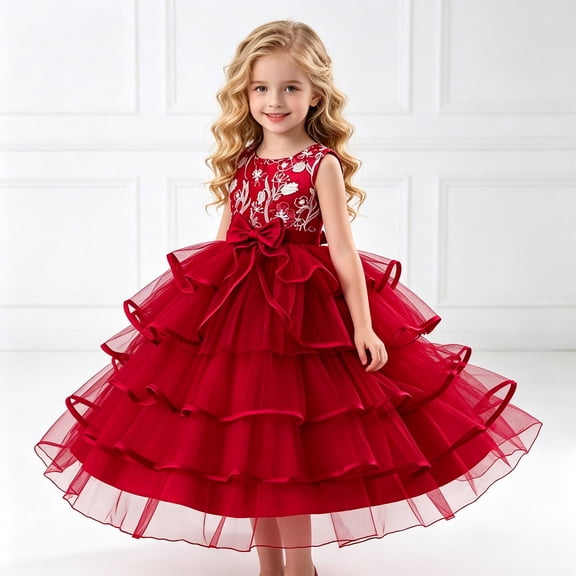 Kids Girls Elegant Floral Embroidered Dress Layered Tulle Puffy Evening Gown with Bowknot for Formal Events