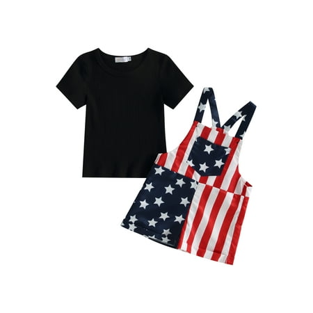 

Kids Baby Girls 4th of July Outfits Short Sleeve Ribbed Tops T shirt Stars Stripes Suspender Shorts Clothes Set Black 5-6 Years