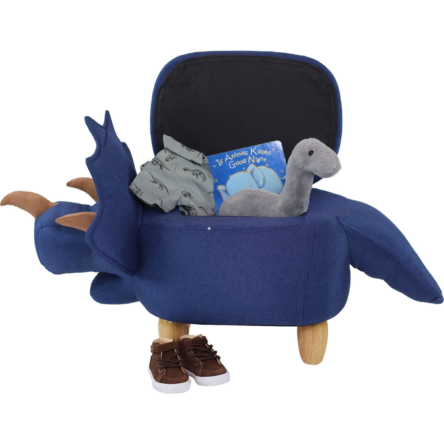 Critter Sitters 15-In. Seat Height Denim Blue Triceratops Dinosaur Animal-Shaped Storage Ottoman for Nursery, Bedroom, and Playroom