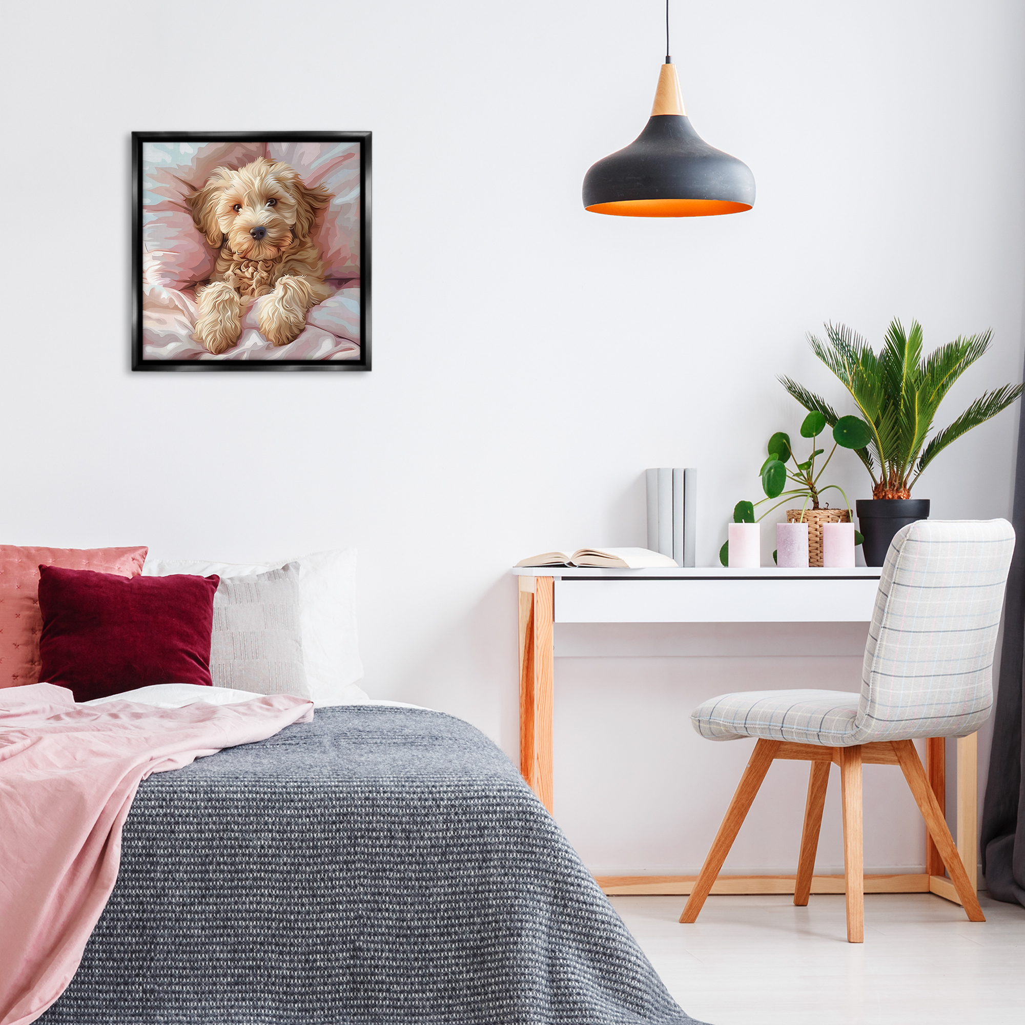 Stupell Industries Cuddling Labradoodle Bed Animals Painting Black Floater Framed Canvas Art Print Wall Art, 25 x 25