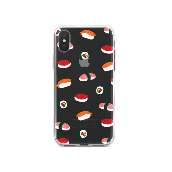 DistinctInk Clear Shockproof Hybrid Case for iPhone XR (6.1" Screen) - TPU Bumper, Acrylic Back, Tempered Glass Screen Protector - Cartoon Sushi