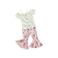 thumbnail image 2 of Musuos Little Girls Summer Outfits, Short Sleeve Cold Shoulder Button Down Ribbed Tops + Flower Print Flare Pants Set, 1-5 Years, 2 of 10