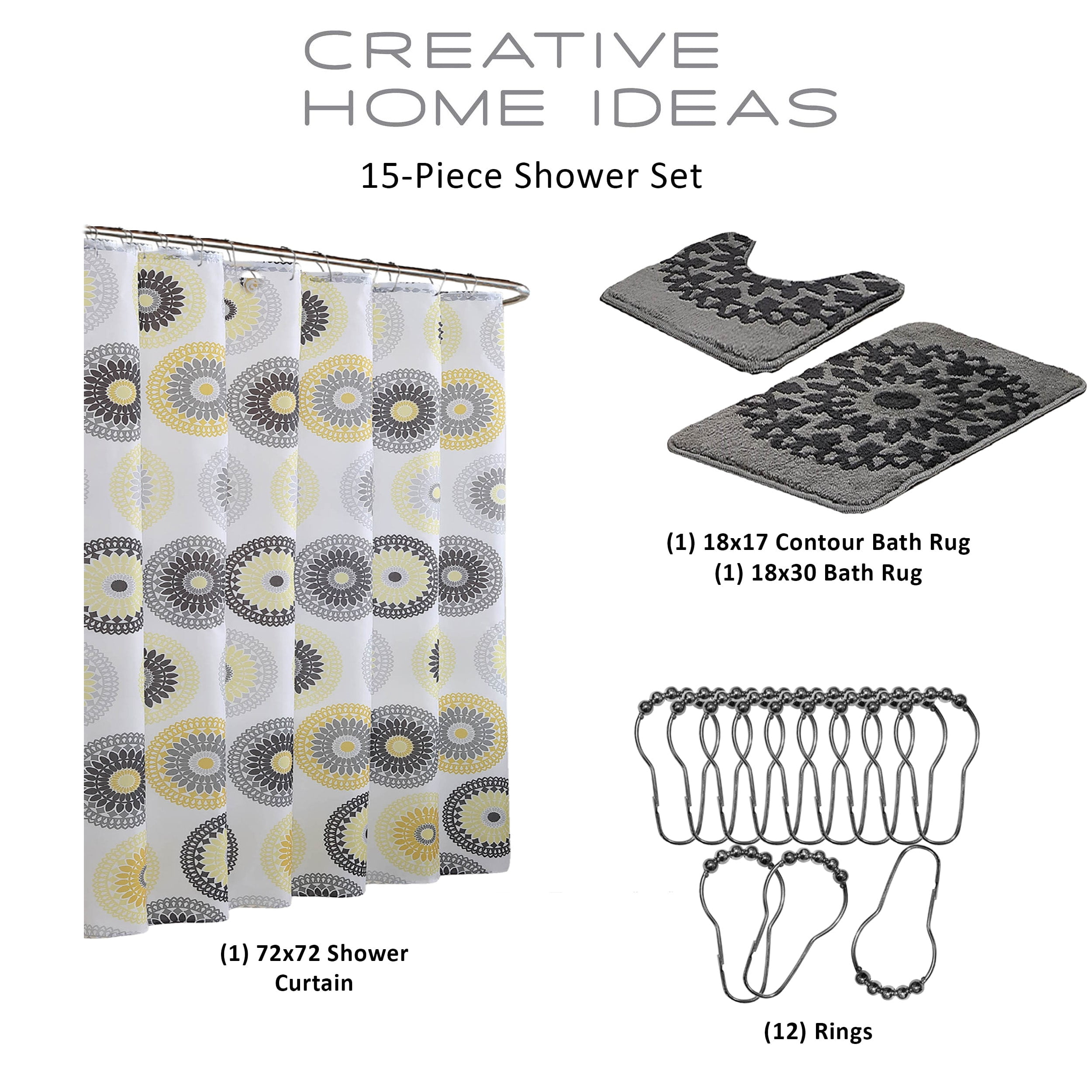 Raquel 15-Piece Bathroom 72x72 Shower Curtain Set, Yellow and Gray