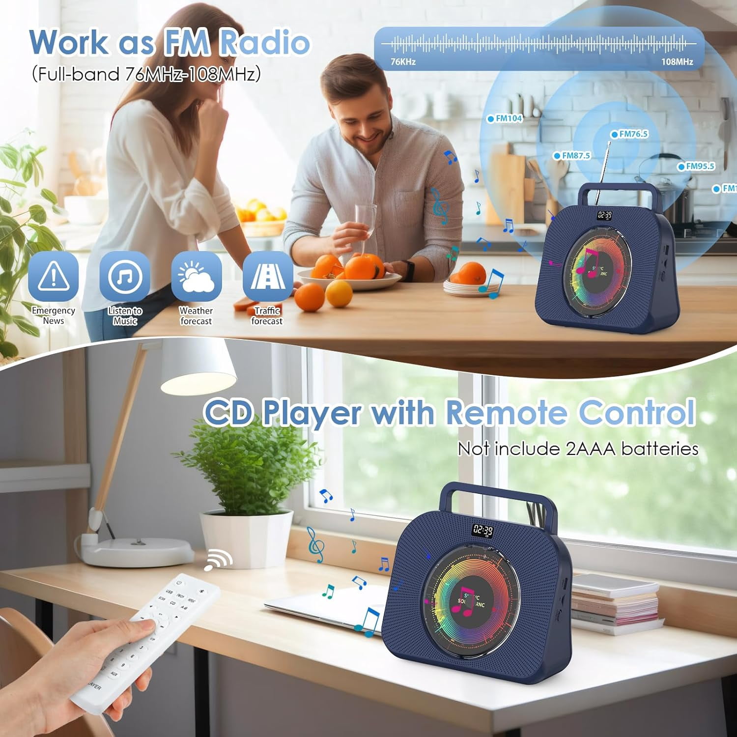 Gueray CD Player for Home, Bluetooth Desktop CD Player with Speakers, Headphone Jack FM Radio CD Player with Remote Control