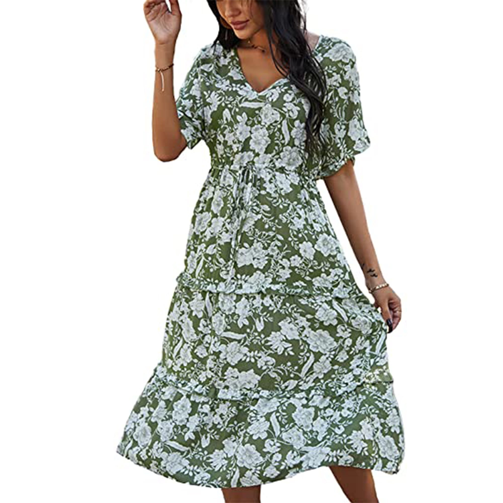 TEMOFON Maxi Dress for Women Summer Bohemian Short Sleeve Dresses V ...