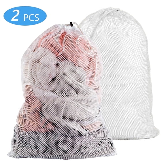 Tripumer 2 Pcs Large Mesh Laundry Bags Dirty Clothes Bag Drawstring Washing Bags for Travel College Dorm Apartment Family White