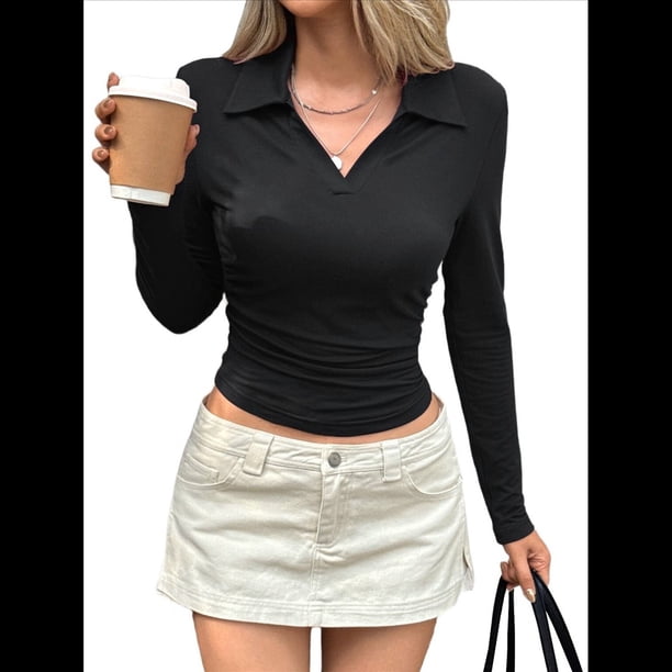 Camisa de Larga para Mujer, Cuello en V, Solapa, Corte Entallado, Punto Acanalado, Moda Ajustada. Negro S