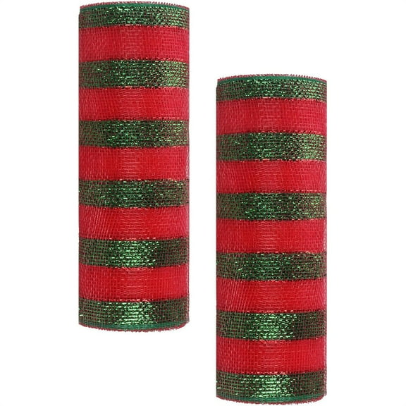 Triani 2 Rolls Red and Green Deco 10 Yards Christmas Color Mesh Fabric Mesh with Metallic Stripes Front Door Wreath Tree Decor Christmas NewYears Halloween Decoration
