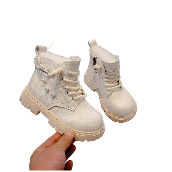 Mepaouo Girls Dress Ankle Boots Waterproof Leather Pearl Lace up Winter Combat Outdoor Shoes(White,33)