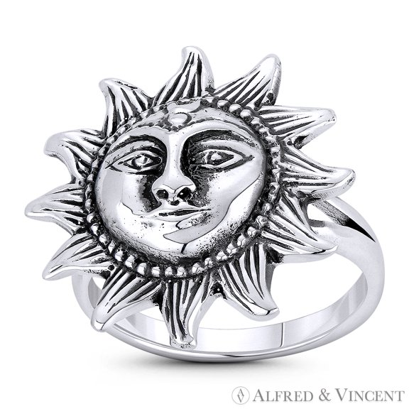 Sun Face Incan / Mayan Tribal Jewelry Celestial / Astrological Charm Right-Hand Statement Ring in Oxidized .925 Sterling Silver