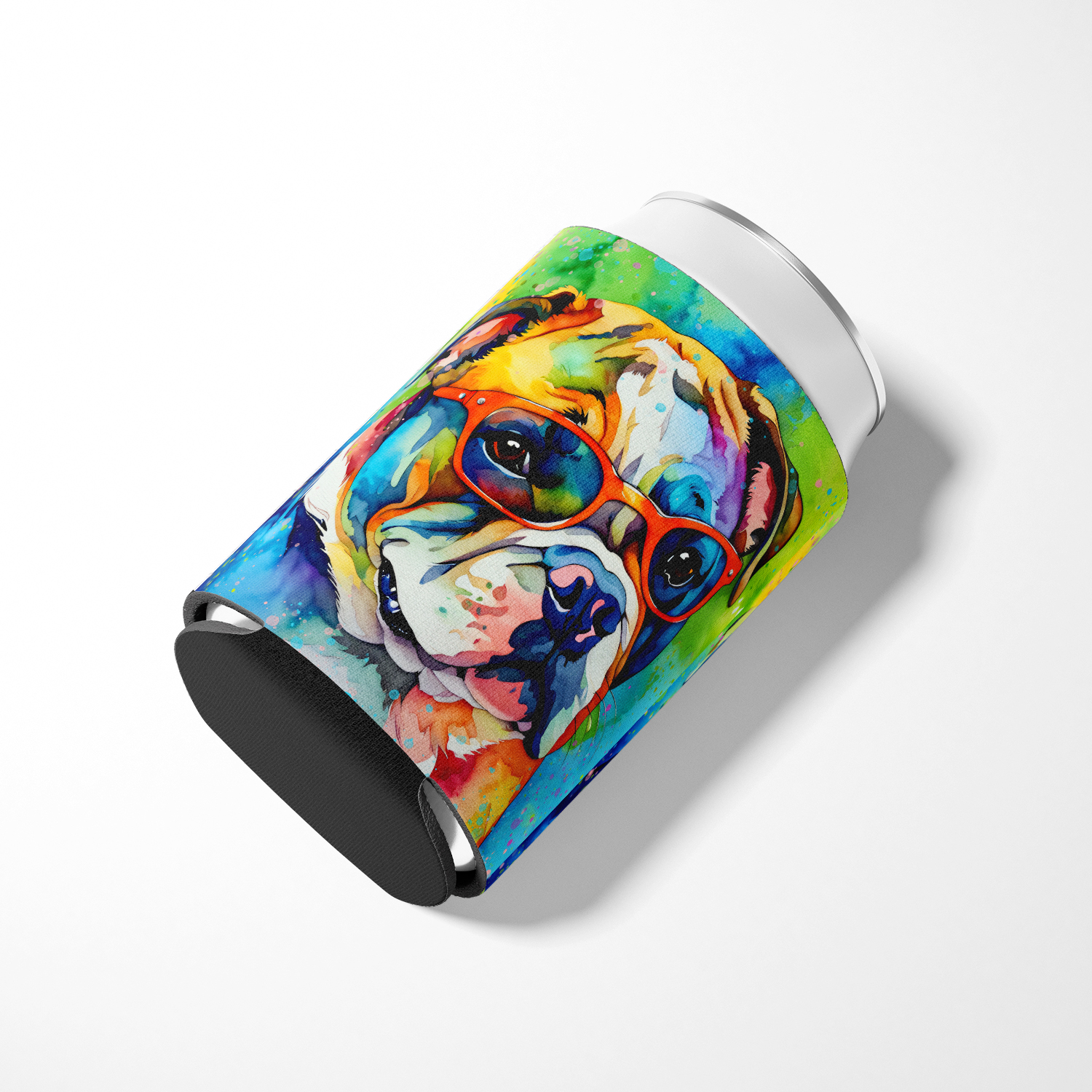 English Bulldog Hippie Dawg Can or Bottle Hugger 3 in x 5 in