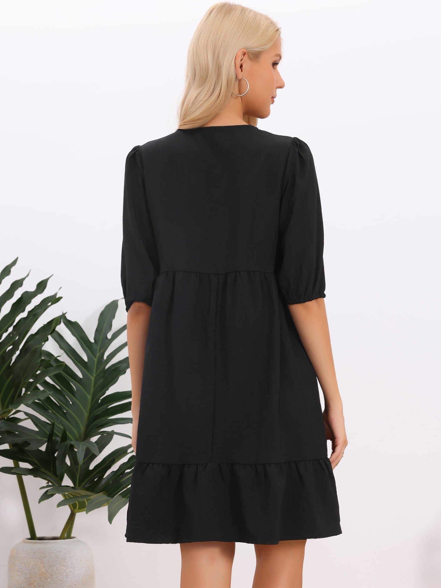 DARING DIVA Women's Babydoll Embroidered Eyelet Panel Short Sleeve Dresses L Black