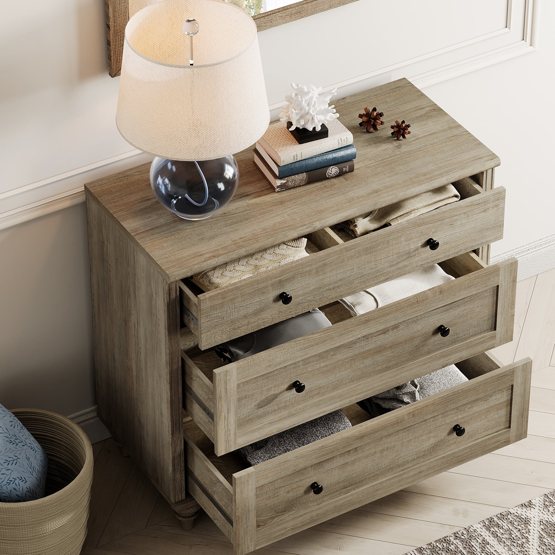 Farmhouse Nightstand with 3 Drawers, Set of 2 Large 3 Drawers Wood Bedside Table Night Stand, Wide Sofa Side End Table Chest of Dresser for Living Room, Bedroom, Grey, 34 inch
