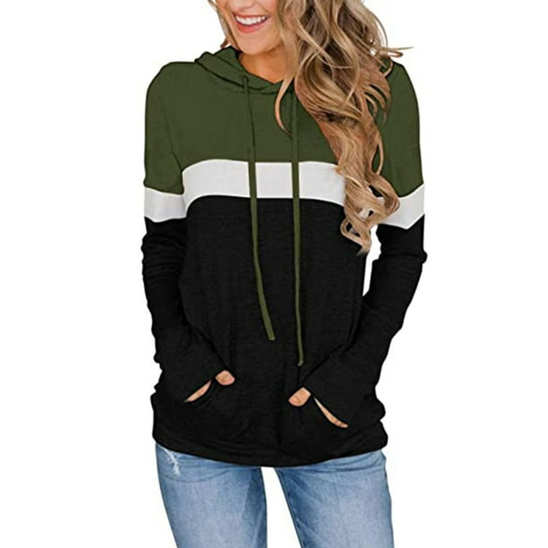 Puntoco Mujer Casual Pacthwork Manga Larga Sudaderas Cordón Pullover Capucha tops Blusa Puntoco Puntoco-681