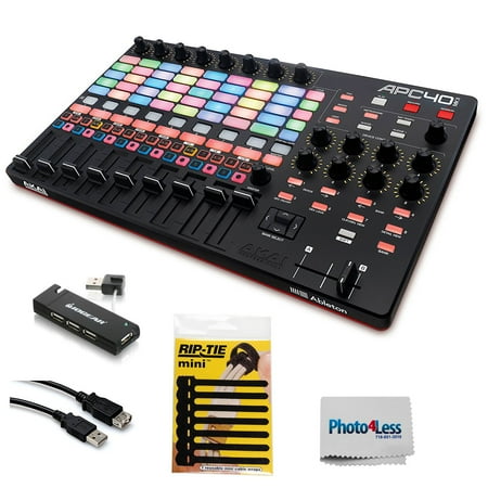 Akai Ram Upgrade - Akai Professional APC40 MKII Ableton Live Performance Controller + Hosa USB-205AF USB Extension Cable + 4-Port USB 2.0 Hub + Rip Tie 3.5 L Wrap Hook-&-Loop Cable Tie + Photo4Less Cleaning Cloth