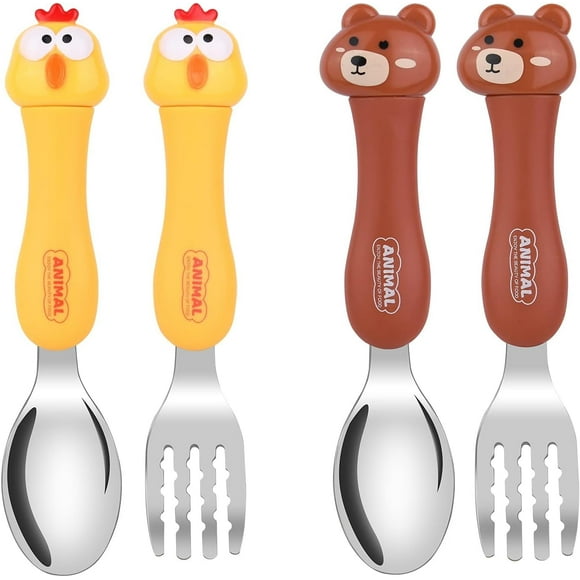 Lunfar 4 PCS Toddler Utensils, Travel Cutlery Set Baby, Kids Spoon And Fork Self-Feeding, Carrot Child Flatware Sets, Stainless Steel Fun Baby Silverware, Complementary Food Weaning (Chicken And Bea