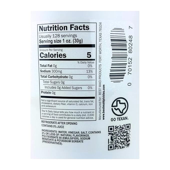 Best Maid Dill Pickle Juice, 1 gallon plastic jar, serving size 1 oz (28g), Kosher Certified, dill pickle flavor, 128 servings per jar