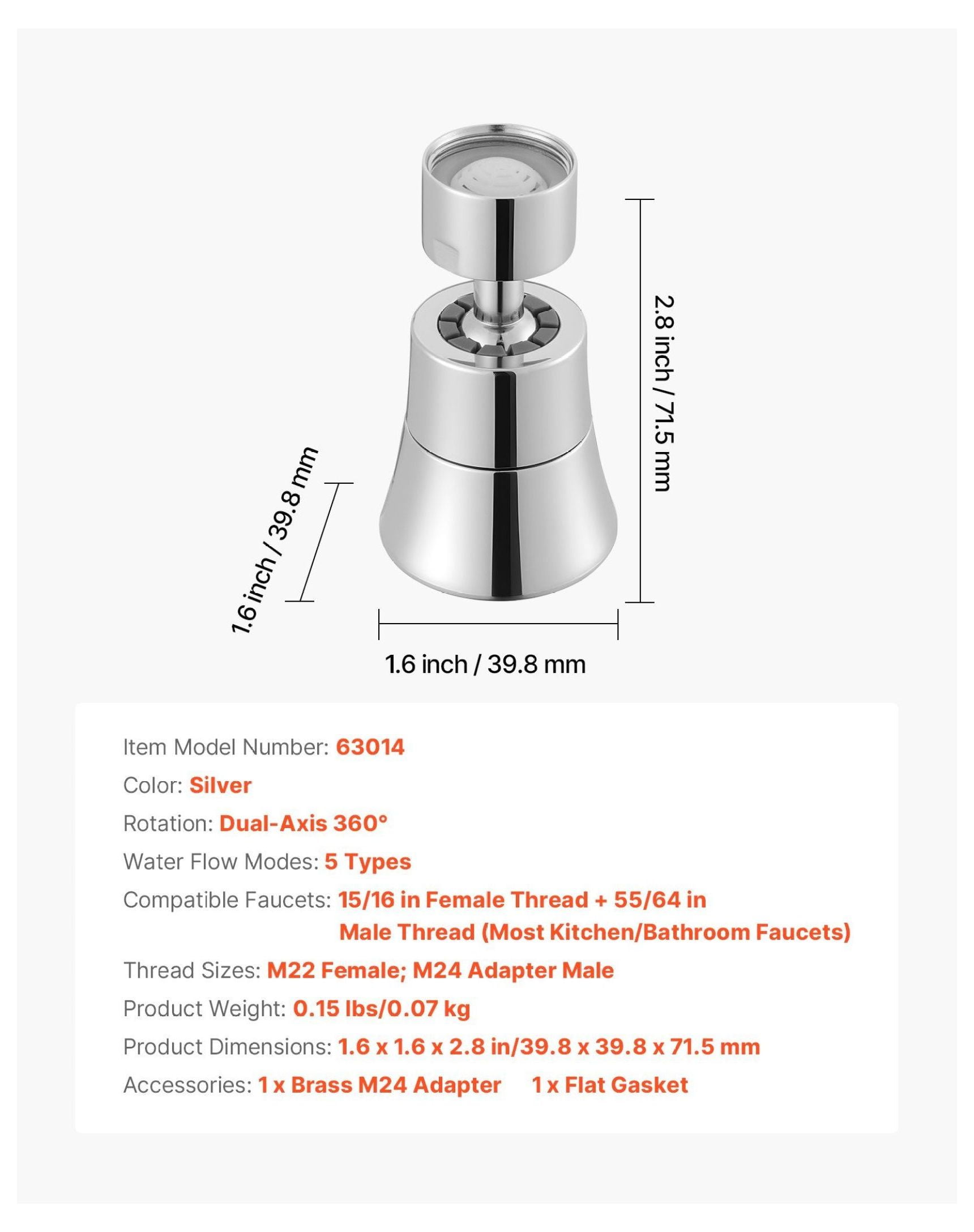 Faucet Aerator 360° Swivel Kitchen Sink Aerator - 5-Flow Brass Adapter - Flexible Rotation, Easy Install, Multi-Function Spray