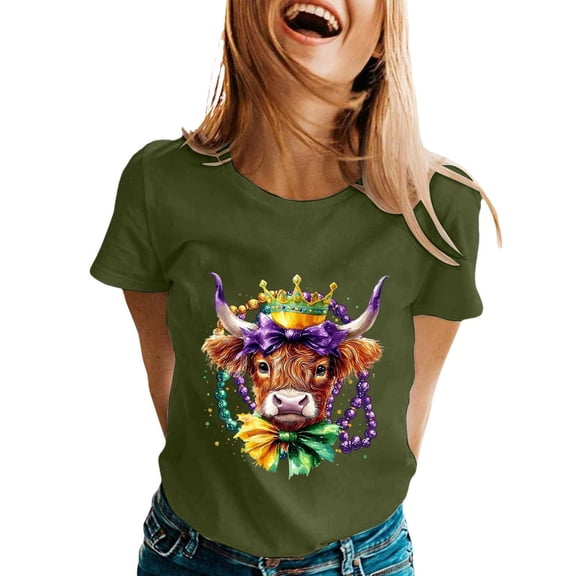 Womens Casual Tops Crew Neck Short SLeeve Loose Fit Carnival Highland Cattle Printed Tees 2026 Spring Beach Vacation Trendy T Shirts