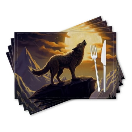 

BaHomeck placemats Set of 4 rectangle Linen Cotton Placemats for Dining Table Washable Heat Resistant 18*12inch Wolf Howled In Front Of The Mountain Under The Full Moon