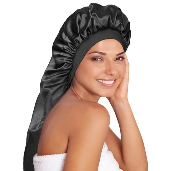 Gorro de dormir largo de satén Gorro de dormir de seda extra grande con banda elástica ancha Gorro de noche suelto para mujeres Trenzas Cabello rizado Cabello natural Muy suave y cómodo (Negro)