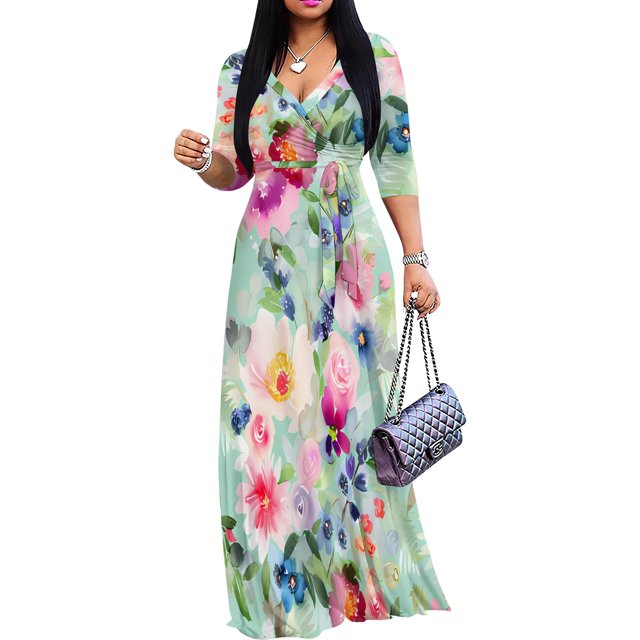 Vestido largo rosa con cuello en V y manga 3/4 con bolsillos y cinturón para mujer