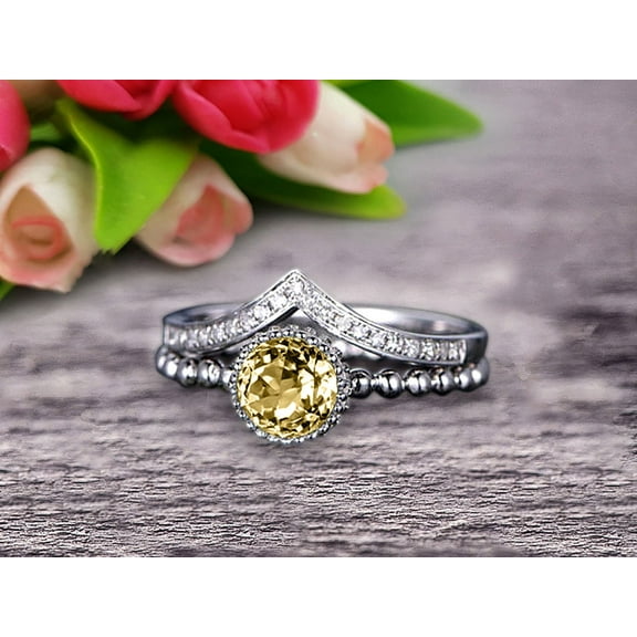 2.25 Carat 6mm Round Cut Champagne Diamond Moissanite Engagement Ring With V-Shaped Wedding Band 10k White Gold Art Deco Bridal Set Anniversary Gift