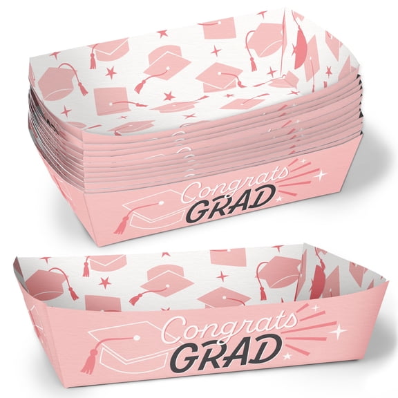 Big Dot of Happiness Pink Graduation Paper Food Trays, Disposable Food Boats for Congrats Grad Party, Double-Sided Paper Meal Holders for Nachos, Hot Dogs, Popcorn, Snacks - 12 Ct
