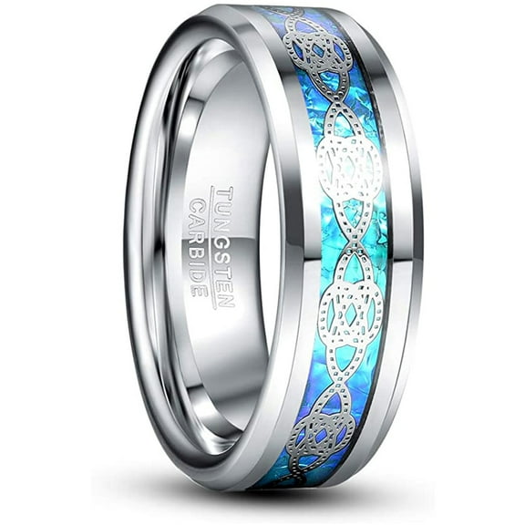 8mm Celtic Knot Tungsten Ring Blue Opal Sticker Inlay Wedding Band Comfort Fit Size 7-12