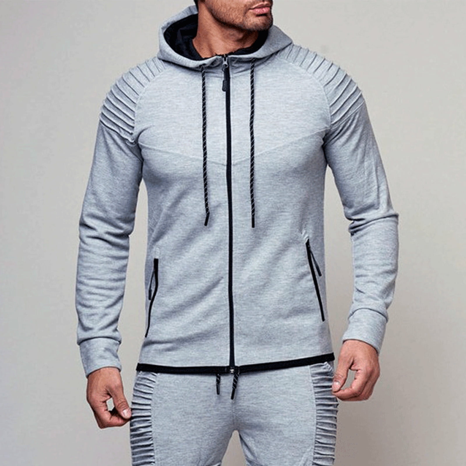 Gray Brunch Outfit for Mens Fall Winter Long Sleeve Hooded Basic