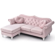 Hollywood 81 in. Pink Velvet Chesterfield Sectional Sofa with 2-Throw Pillow-Color:Pink,Material:Velvet
