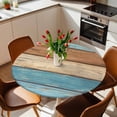 thumbnail image 3 of Farmhouse Light Blue Brown Fitted Tablecloth with Elastic Edged, Round Table Cloth for Dining Table, Vintage Wooden Striped Waterproof Oil Proof Table Cover for Indoor Outdoor 36"-44", 3 of 8